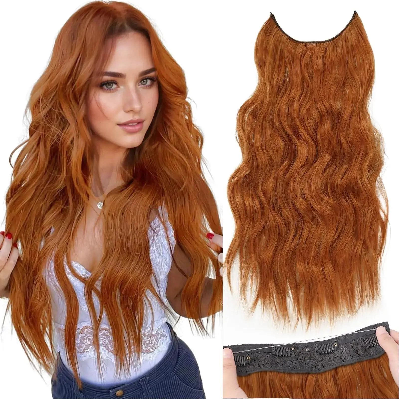 AISI HAIR Hair Extensions Invisible Wire Wavy Hair Adjustable Size 4 Secure Clips Long Synthetic Hairpieces with Transparent Wire Blonde Brown Wave Glueless Pre Style