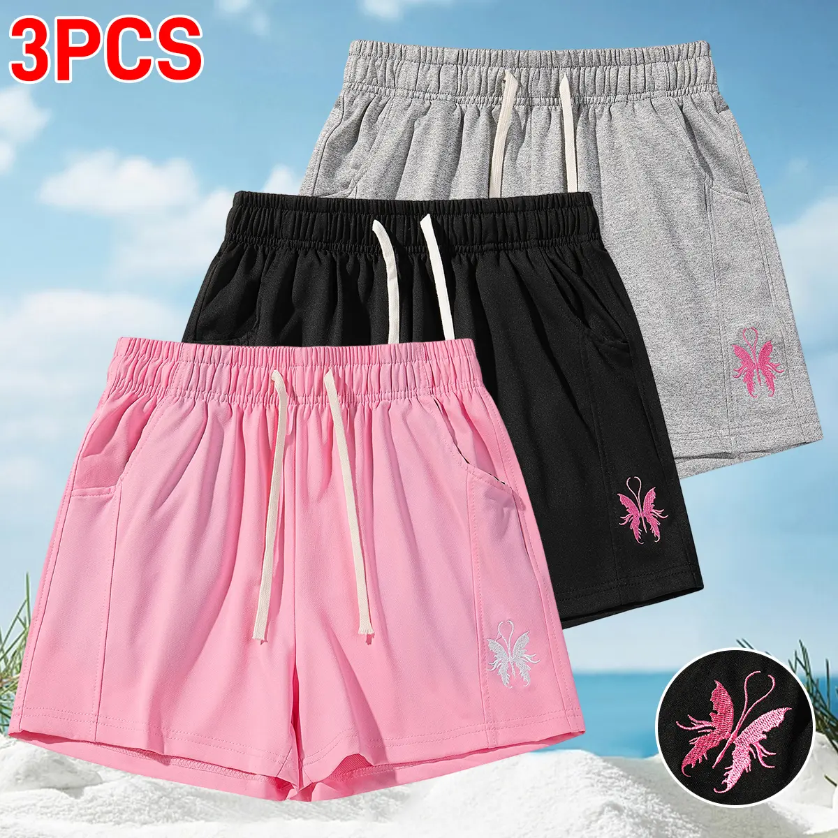 Women's Butterfly Print Athletic Shorts - Casual Loose-Fit Summer Activewear with Elastic Waist, Drawstring, Lightweight Breathable Fabric