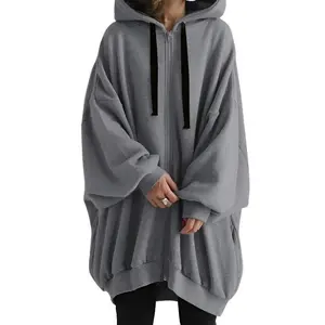 Plus Size Women’s Solid Color Loose Fashion Hooded Zip-Up Sweatshirt Top