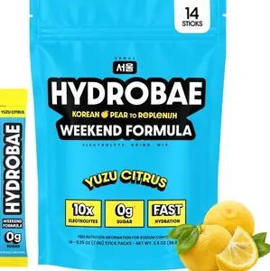 HYDROBAE Electrolyte Powder Drink Mix | 3,439mg Electrolytes, Zero Sugar Yuzu Citrus Hydration Packets with Korean Pear, L-Theanine & Ginger, Made in Korea (14 Sticks)