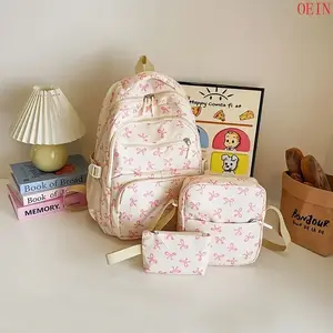 oein 3pcs Women's Fashion Backpack Set - Durable Nylon, Multi-Compartment, College Style, Pink & White with Bow Accent, Ideal for Daily Commute, School & Travel(Sheets)