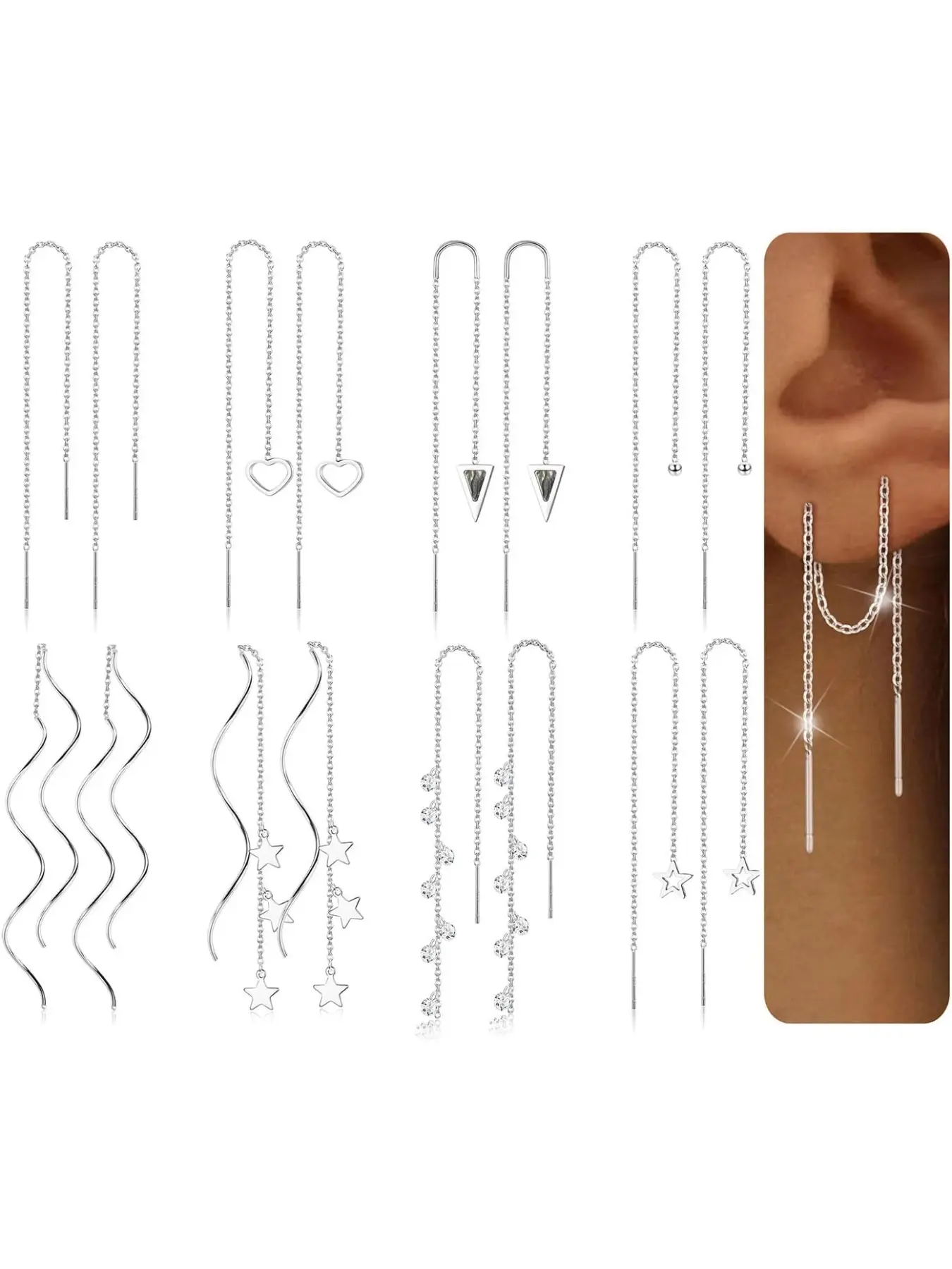 8Pairs Threader Earrings Chain Earrings Tassel Earrings for Women Stainless Steel Double Twist Wave Drop Dangle Earrings with Rhinestones Lightweight Long Chain Earrings Set High Quality Earrings