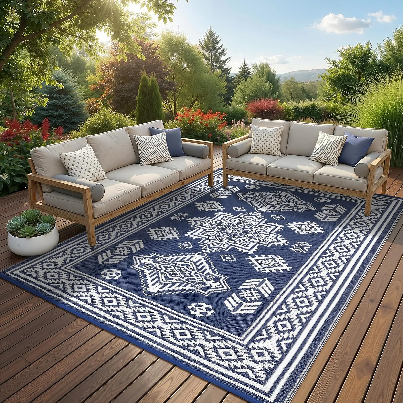 Garvee Large Outdoor Rug with Retro Print Patio Rug Waterproof Double-Sided Plastic Straw Camping Rug Foldable and Portable for Gardens Balconies Beaches Picnics RVs and Pools waterproof patio rug