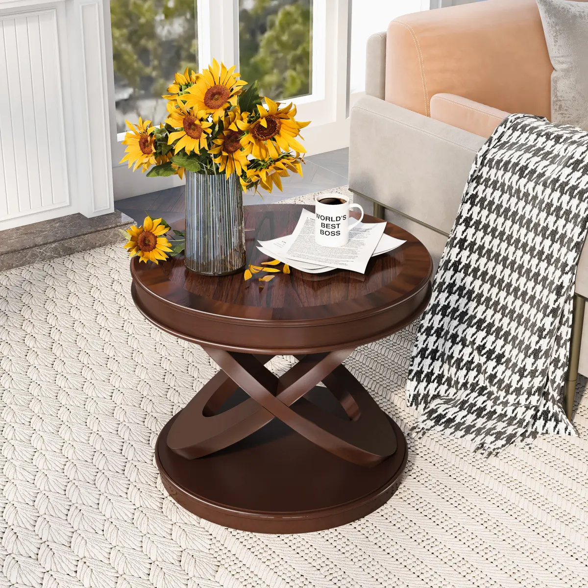 Retro Round Wooden End Table - Mid Century Modern Sofa Side Table with Wood Veneer, X-Shaped Legs, Scratch-Res. Walnut Finish, 22''*22''*20''h/33.76lb, 110lb Weight Capacity, for Dorm & Living Room, Assembly Required, Wipe with Soft Dry Cloth