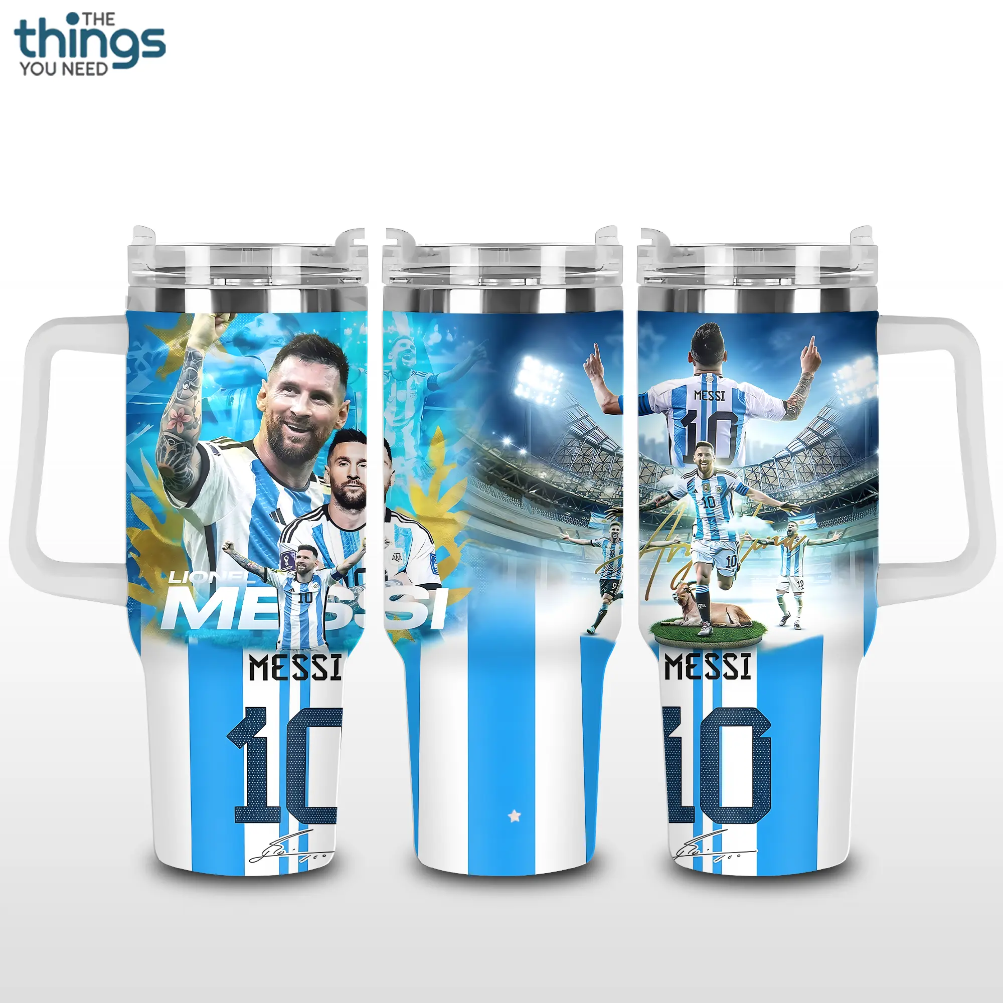 GOAT L Messi Player Inspired Tumbler 40oz & 20oz, Insulated Stainless Steel Travel Mug with Handle & Lid, Double Wall Vacuum Cup, Football Fan Gift, Water Bottle, Daily Use