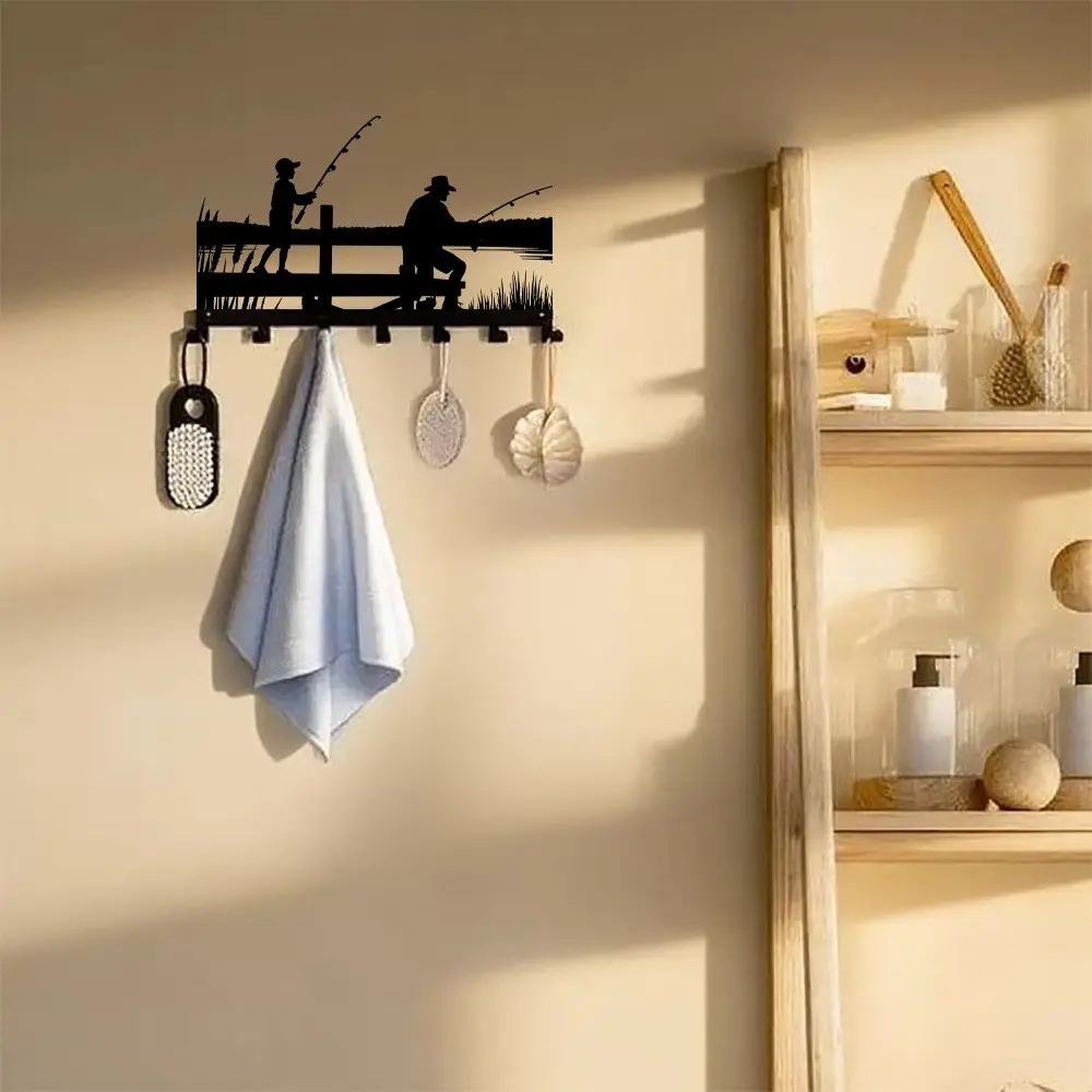 7 Hook Metal Keychain Wall-Mounted Storage Box, Durable Rust-Resistant Home Decor, Fishing Theme Design, Holds Keys, Towels, Kitchen Essentials