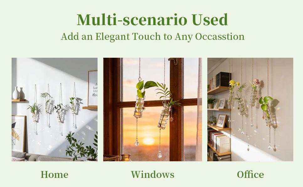 Glasseam 4Pcs Hanging Propagation Stations with Crystal Suncatchers, Glass Tubes Jars with Metal Chain Glass Wall Planters for Indoor Plants Hydroponics