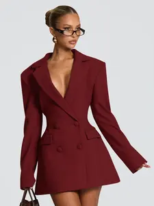 Double-Breasted Waist-Tapered Suit Dress, Deep V Neckline Back Belt Slim Fit Formal Chic Wear for Commuter & Date Women