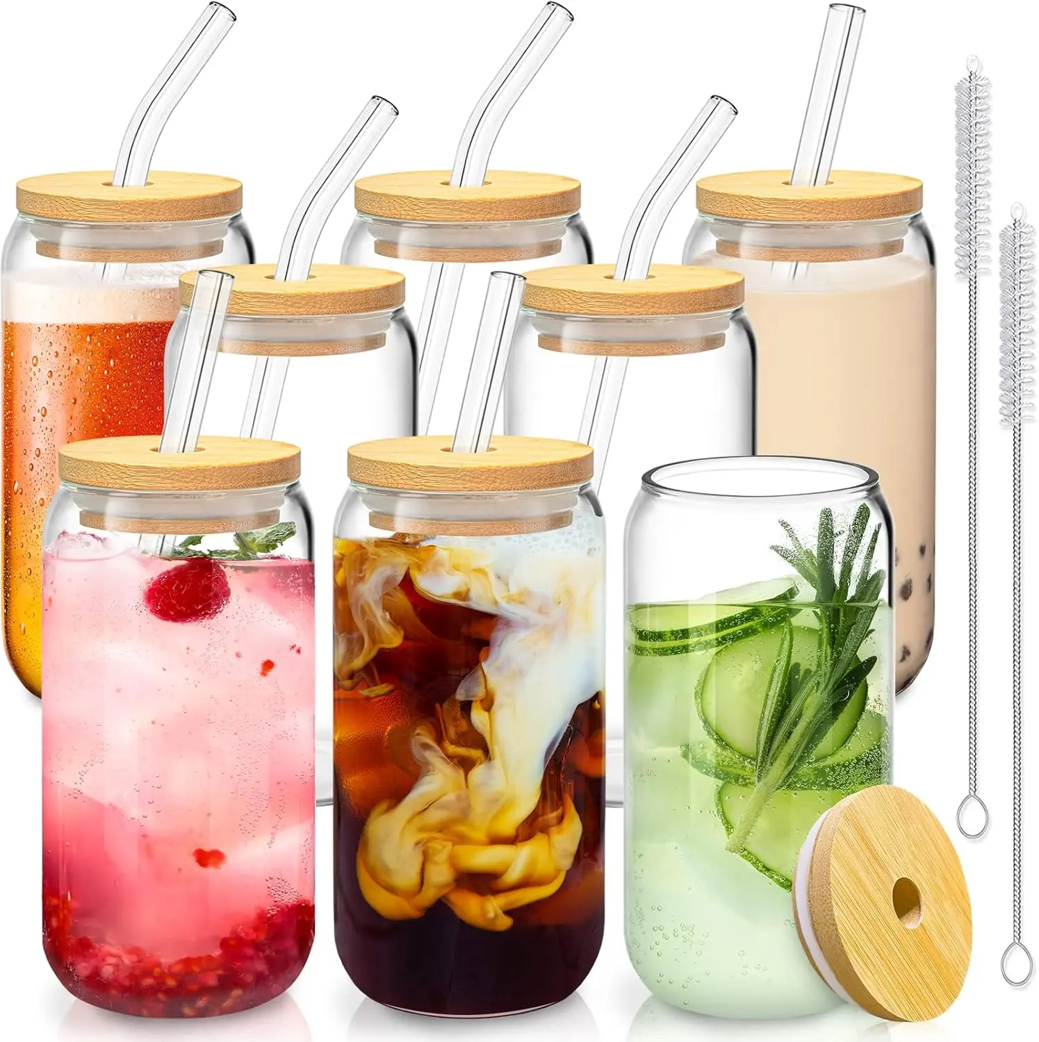 8-count Set Bamboo Lid Glass Drinking Glasses with Glass Straw - 16-ounce Can Shaped Glassware for Beer, Iced Coffee, Cocktails, Whiskey, and More, Cocktails, Whiskey, and Gifting ,Beverage