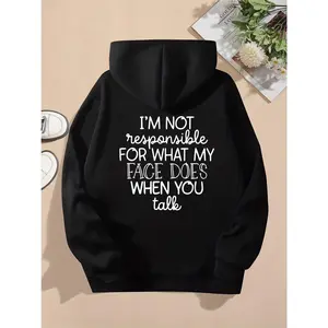Women's Fitted Cut Poly-Cotton Mix Graphic Hoodie Top, Medium Length Long-Sleeve Casual Pullover Jacket, "I Am Not Responsible For What My Face Does When You Talk" Funny Boho Print, Machine Washable, Black
