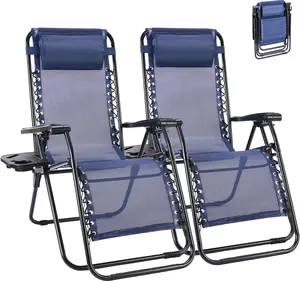 Zero Gravity Chair Set Of 2 Folding Portable Recliner For Beach Or Lawn Adjustable Locking Back 0 To 160 Degrees With Cup Holder Tray