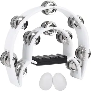 Tambourine Musical Instrument for Adults Church - 10 Inch Half Moon Tambourines with Egg Shakers Double Row Metal Jingles Handheld Percussion Instruments for Dance Party Events KTV (White)