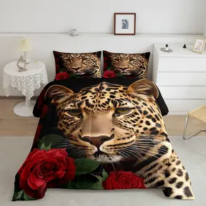 Feelyou Red Rose Cheetah Decorative Bedding Set - Cat Leopard Print Bed Comforter Set with Romantic Flower Down Insert, Animal-Themed for Youth & Adults