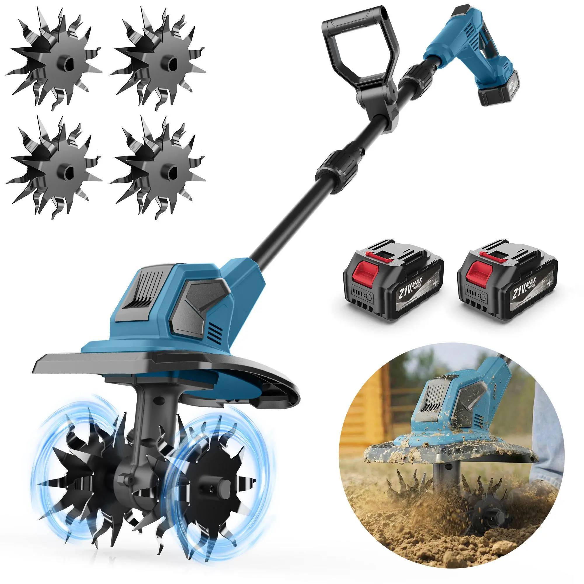 21V Cordless Garden Tiller Cultivator with 2 Batteries, Adjustable Shaft, 4 Extra Tine Wheels for Soil Loosening & Weeding Tasks