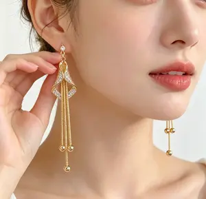 Women's Elegant Geometric Rhombus Earrings - Artistic Bling Bling Boho Tassel Chain-Attached Long Earrings with Full Diamonds, New High-End Stylish Fashion Costume Jewelry, Elegant Earrings, Artistic Earrings