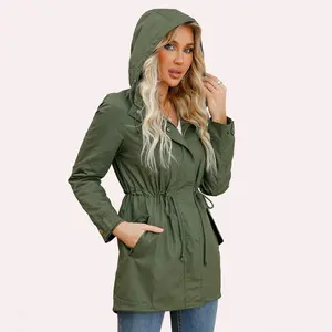 BIGWIG Women's Hooded Jacket, Windbreaker, Loose Fit Coat, Windproof Jacket, Solid Color, Zipper Closure, Windproof, Long Length, Drawstring, Outdoor Hiking, Lightweight Windbreaker