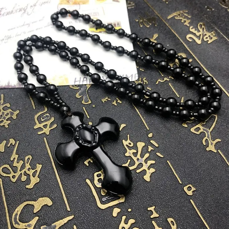 Single sided cross necklace   black roun