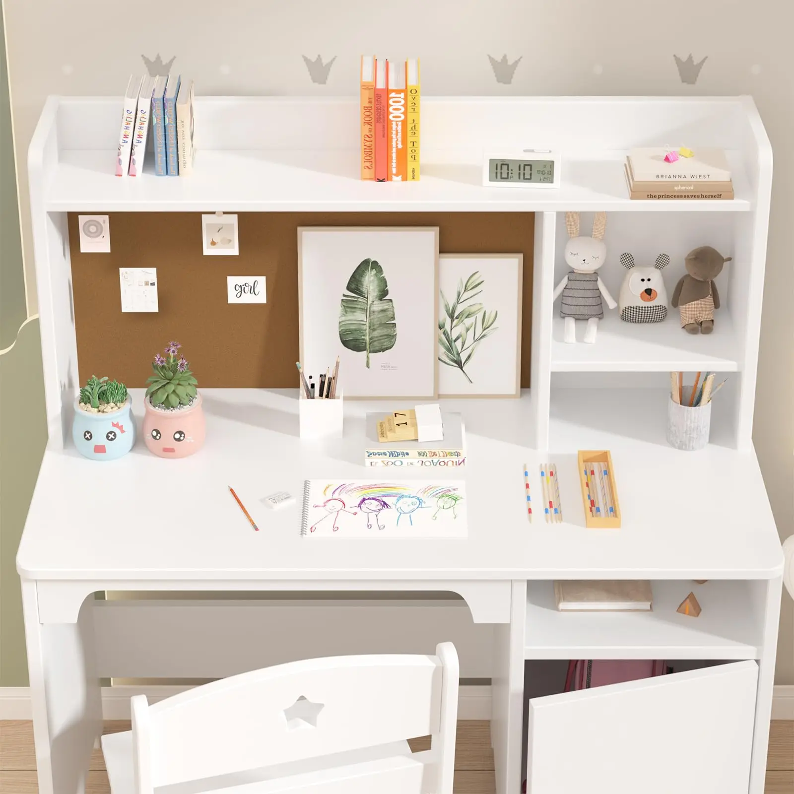 Ergonomic Kid-Friendly Child-Sized Wooden Desk and Chair Set with Hutch, Storage Cabinet - Computer Workstation, Writing Desk for Bedroom - White, Child Sized Tables & Desks