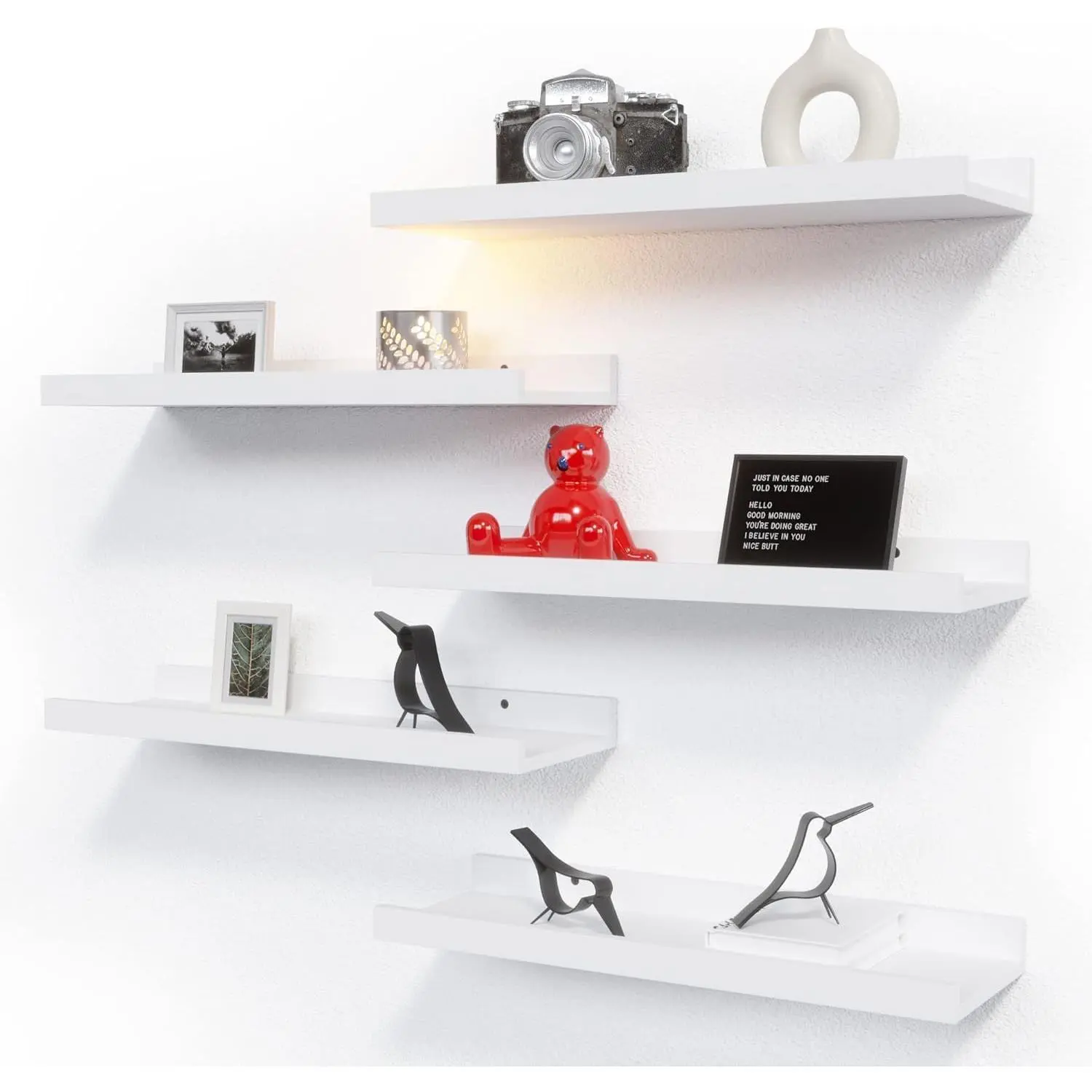 RICHER HOUSE 5-Set Engineered Wooden Wall Shelves, Black Floating Wall-Mount Shelves with Protected Lips, Modern Picture Ledge, 20 lbs Max Load, Ideal for Kid Room, Kitchen Storage Rack, Wooden Wall Shelf