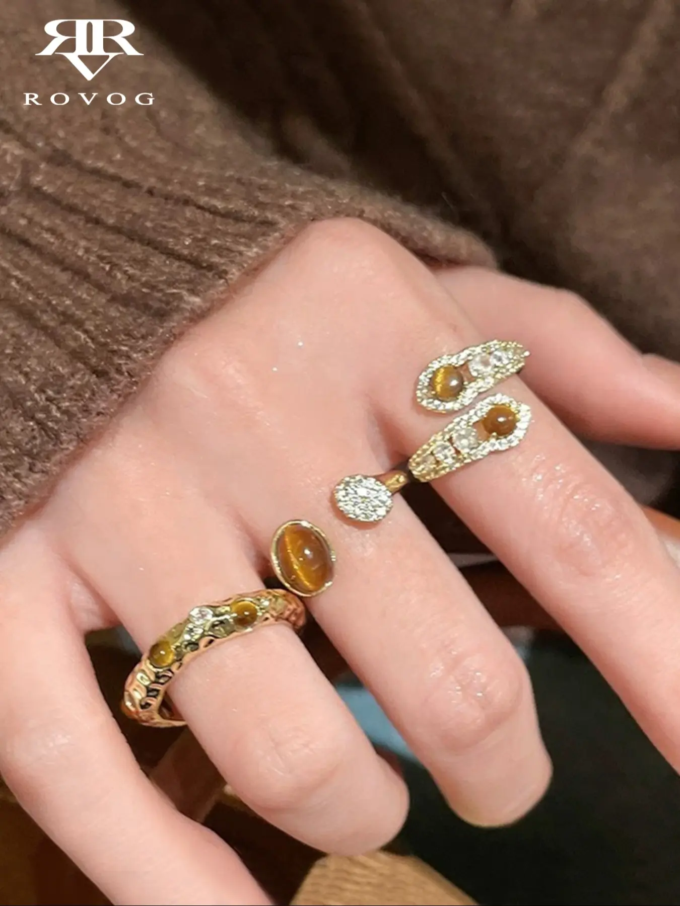 Elegant Tiger Eye Stone Stackable Rings Set for Women, Casual Luxury Fashion Jewelry, Perfect for Daily Commute, Parties, and Events, Elegant Everyday Ring