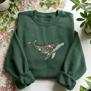 [FLASH SALE] Embroidered floral whale green sweatshirt nature animal ocean sweater