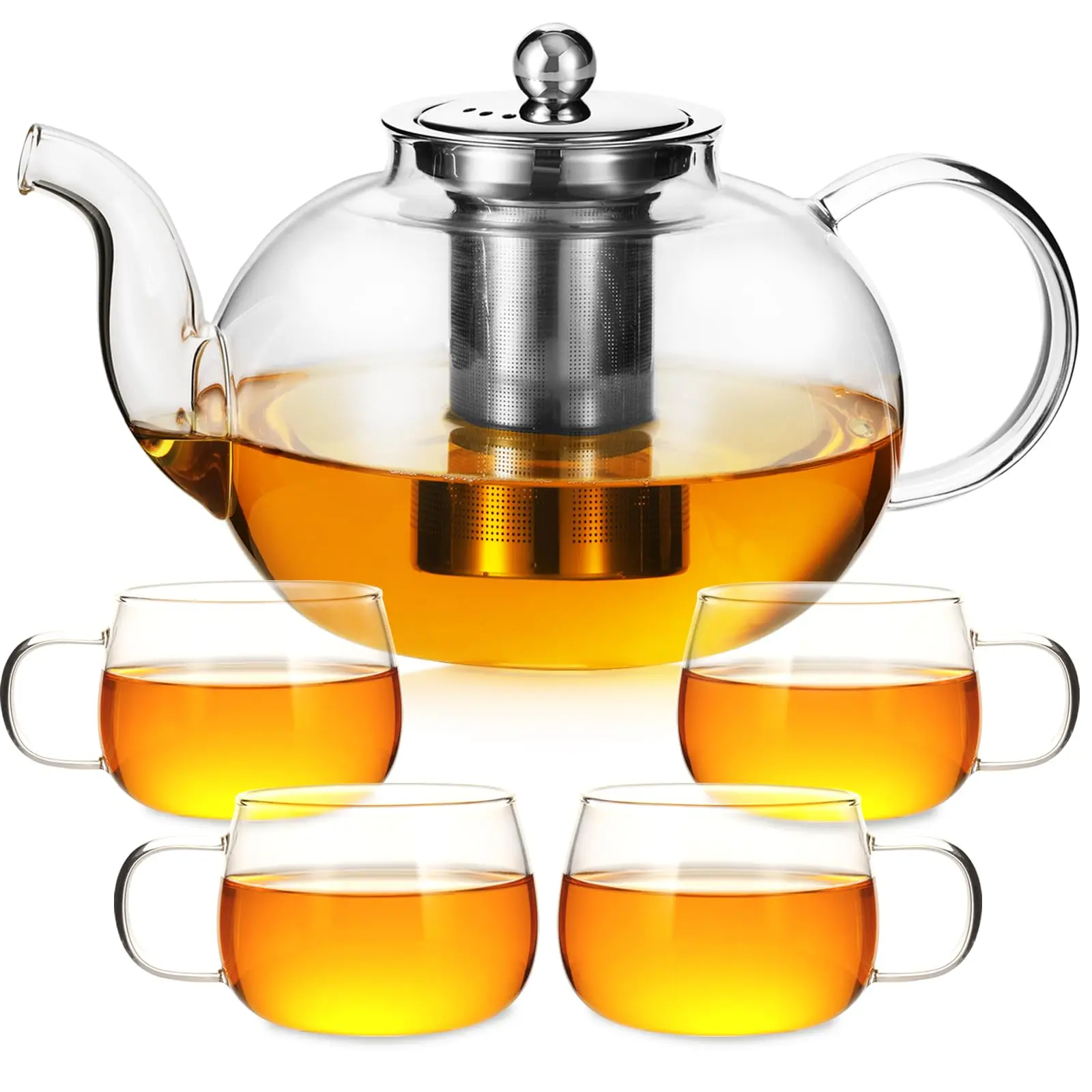 50oz/1500ml Glass Teapot Set With 4 Teacups & Removable Stainless Steel Infuser  Stovetop Microwave Safe Clear Tea Maker Water Kettle 12oz/360ml Cups For Loose Leaf Blooming