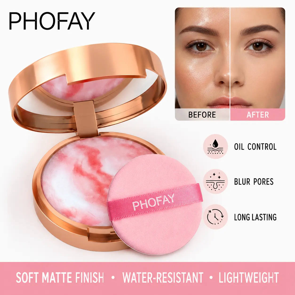 PHOFAY Cream Setting Balm - Waterproof & Oil Control Face Powder for Oily Skin, Longwearing Makeup Prep with a Velvety Matte Finish, 10g, Face Setting Powder, Longwearing Powder