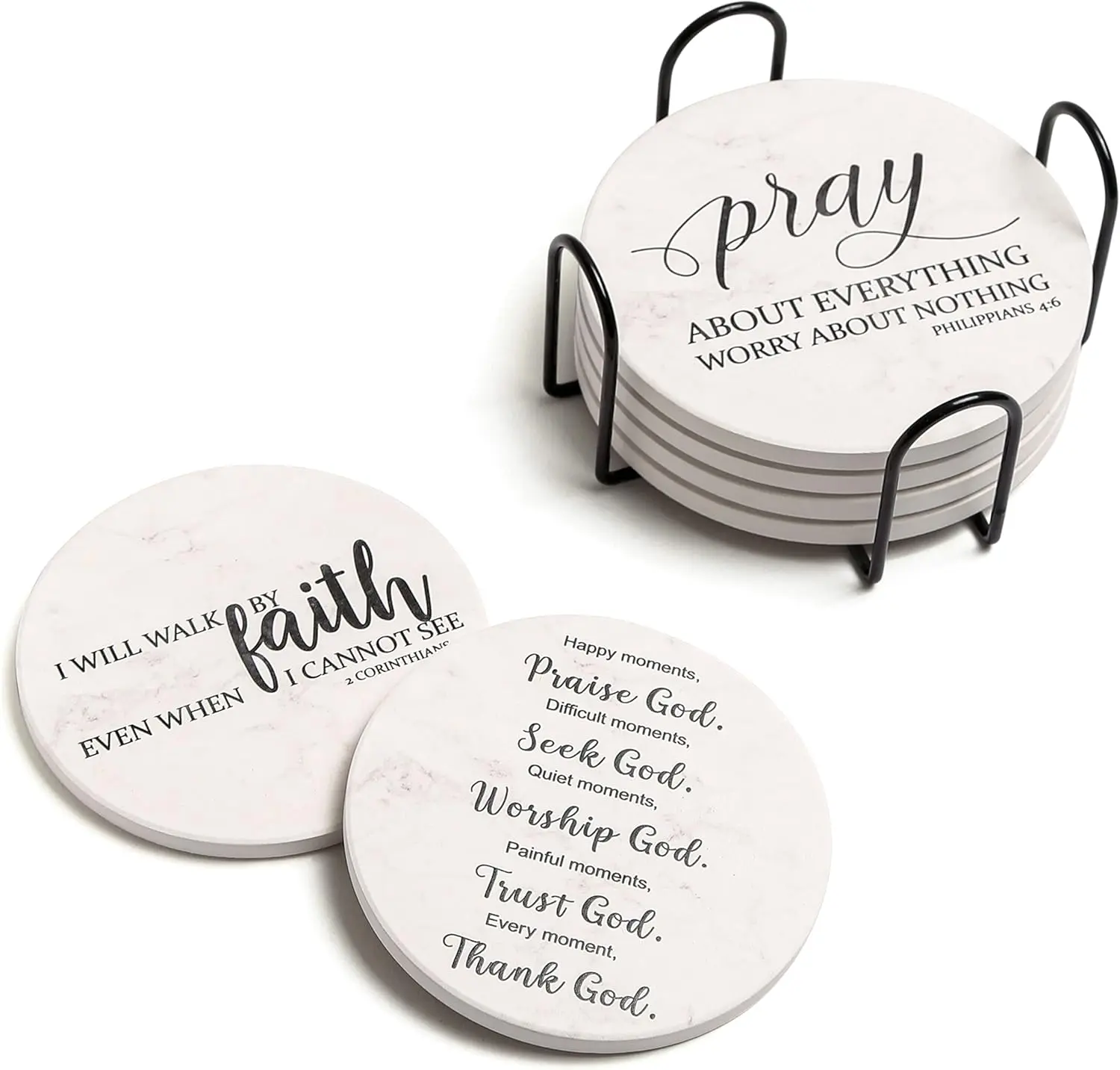 Set of 6 Absorbent Ceramic Drink Coasters with Bible Verses and Cork Backing, Table Protection for Home, Perfect Christian Gifts, Stylish Coaster Holder Included, Hoomey