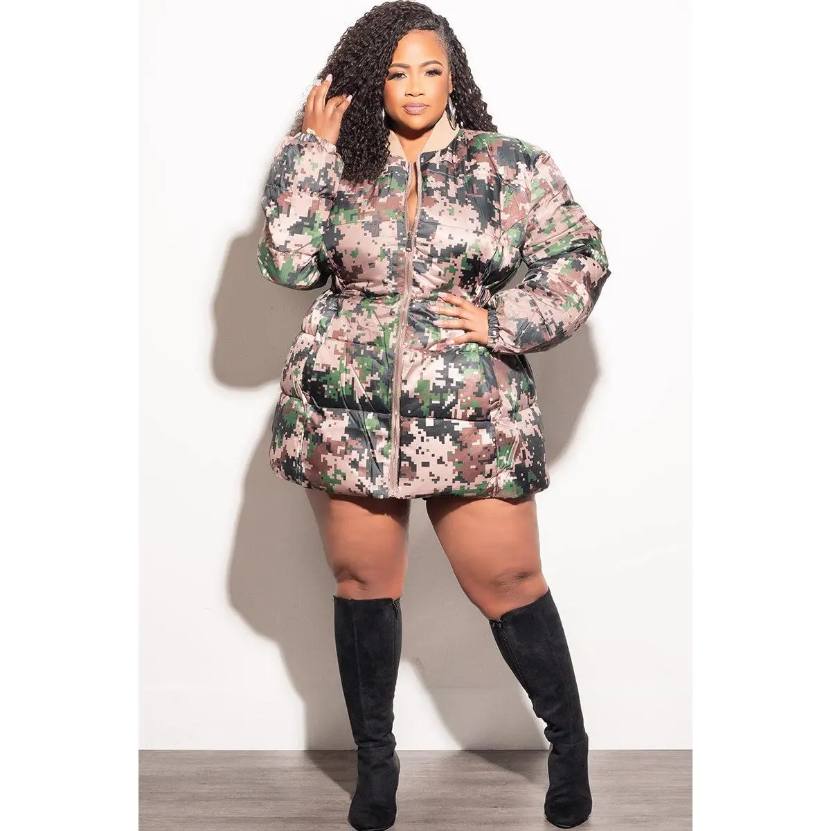 Final Sale Plus Size Puffer Jacket or Dress in Light Camouflage Print