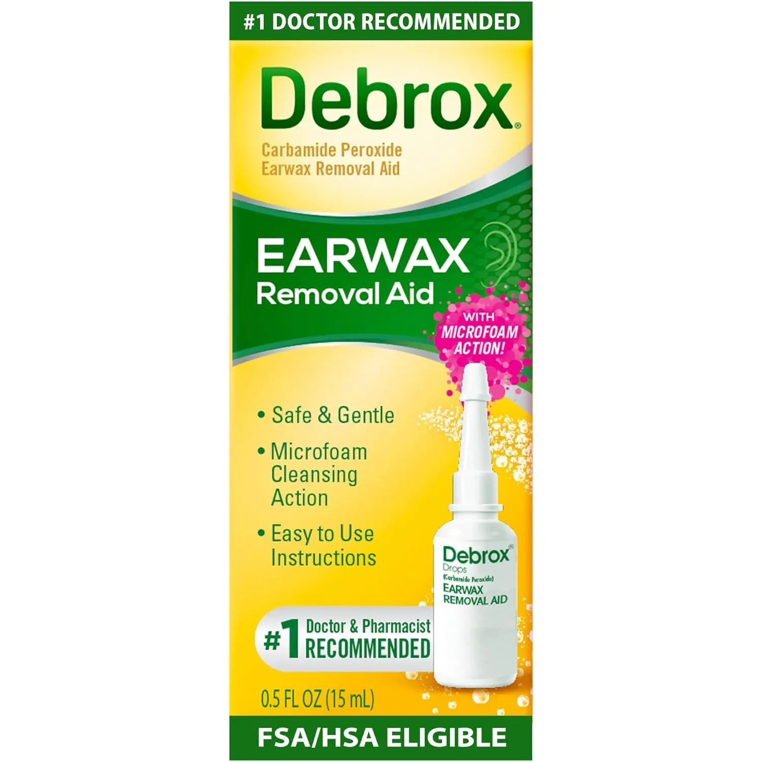 Debrox Ear Wax Removal Drops - Gentle Microfoam Ear Wax Remover with Carbamide Peroxide, Squeeze Bottle Design, 0.5 Fl Oz