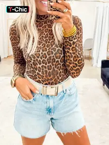 Hotapei Winter Knitted Leopard Print Fitted High Neck Long Sleeve Pullover, Knitwear, Casual Chic Knitwear, Casual Daily Wear, Women's Fashion Sweater, Tops, Womenswear, Lady