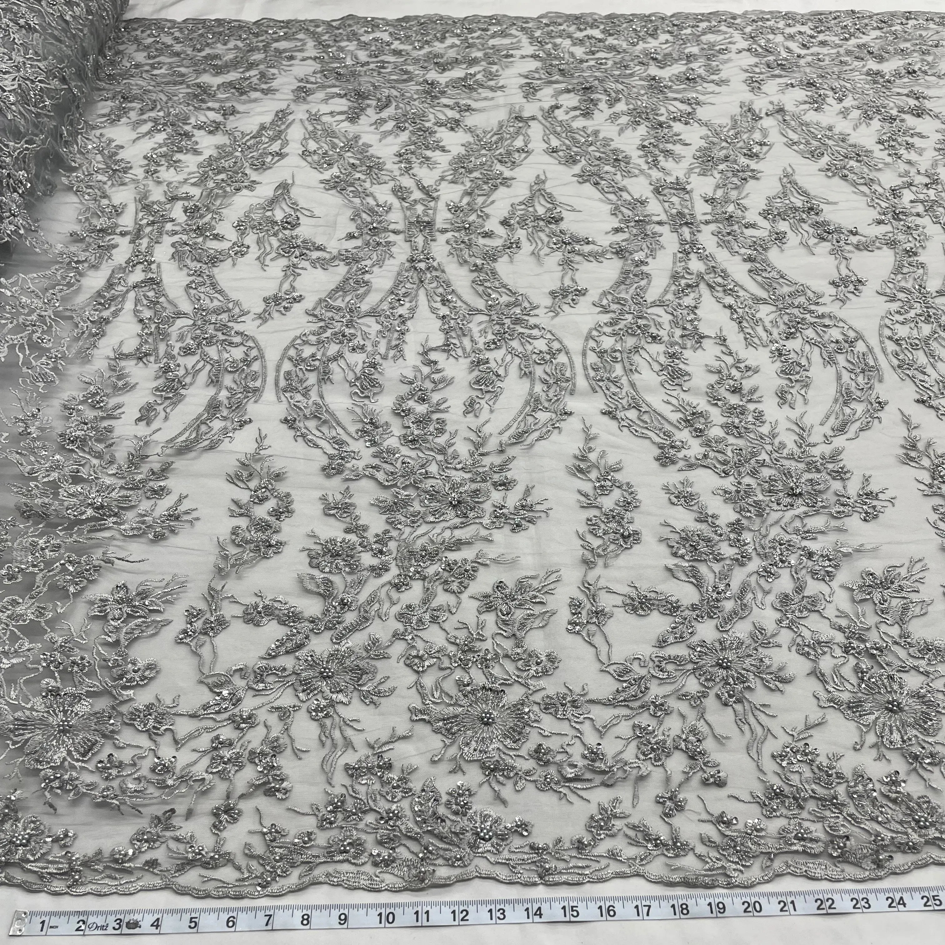 Crafted Embellished Luxurious Beaded Lace Fabric, Embroidered on 100% Polyester Net Mesh - Lace USA GD-284, Crafted Lace, Embellished Lace
