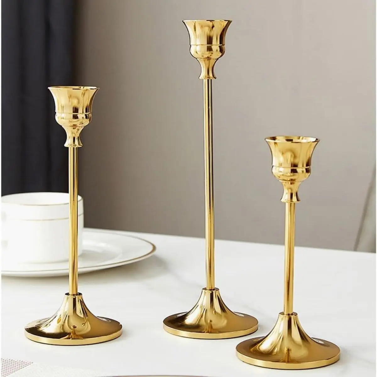 3-Piece Brass Cone Candlestick Holders, Candle Holder Set, High-End Decorative Centerpiece Candles, Candle Holder Centerpieces, Ideal for Ramadan Festivals Weddings Birthdays Gifts, Decoration Items