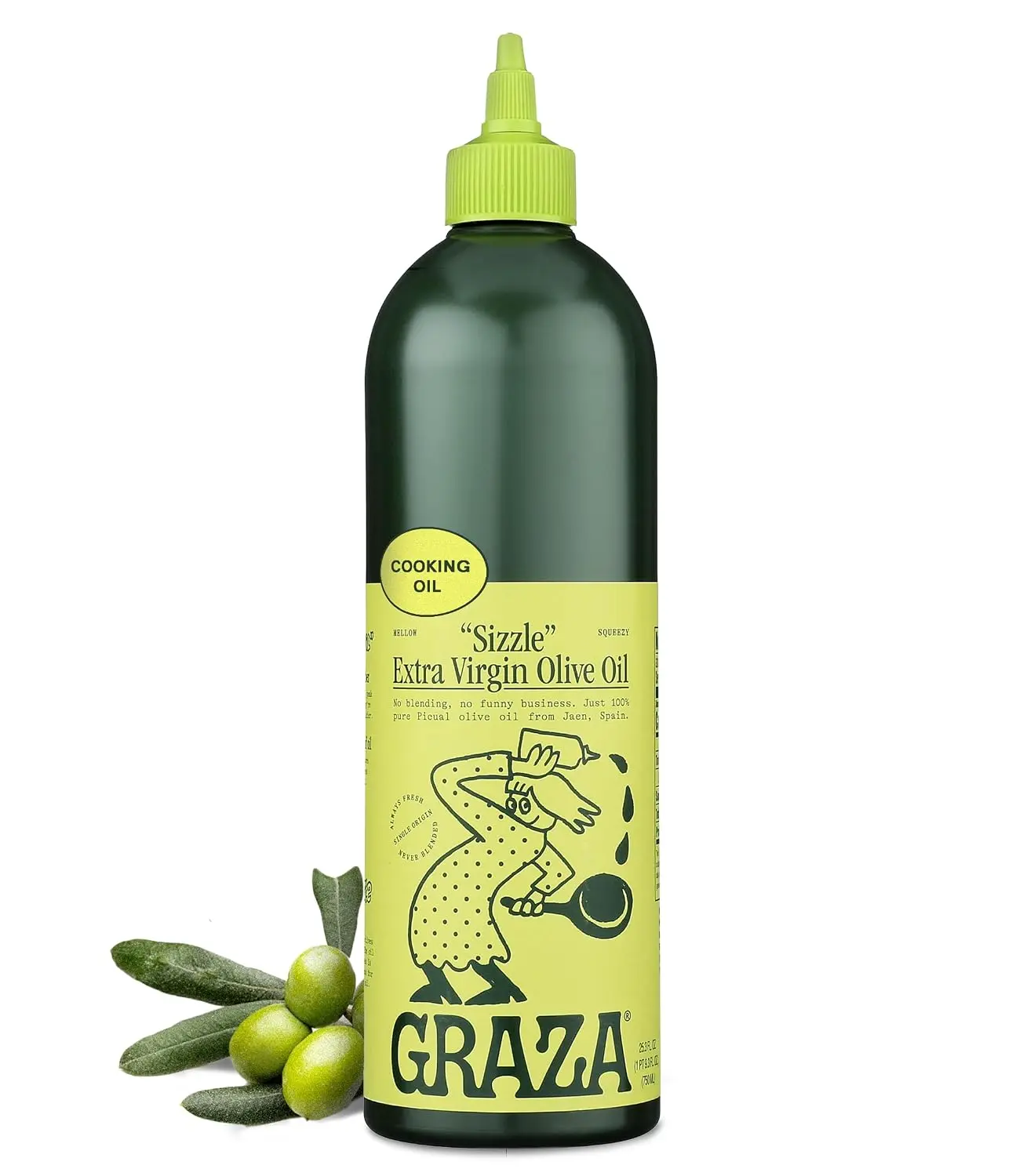 Graza Sizzle High Polyphenol Peak Harvest Extra Virgin Olive Oil - Flavorful Cooking Oil in Squeeze Bottle, Single Origin from Spain - 25.3 Fl Oz (750ml), Flavor