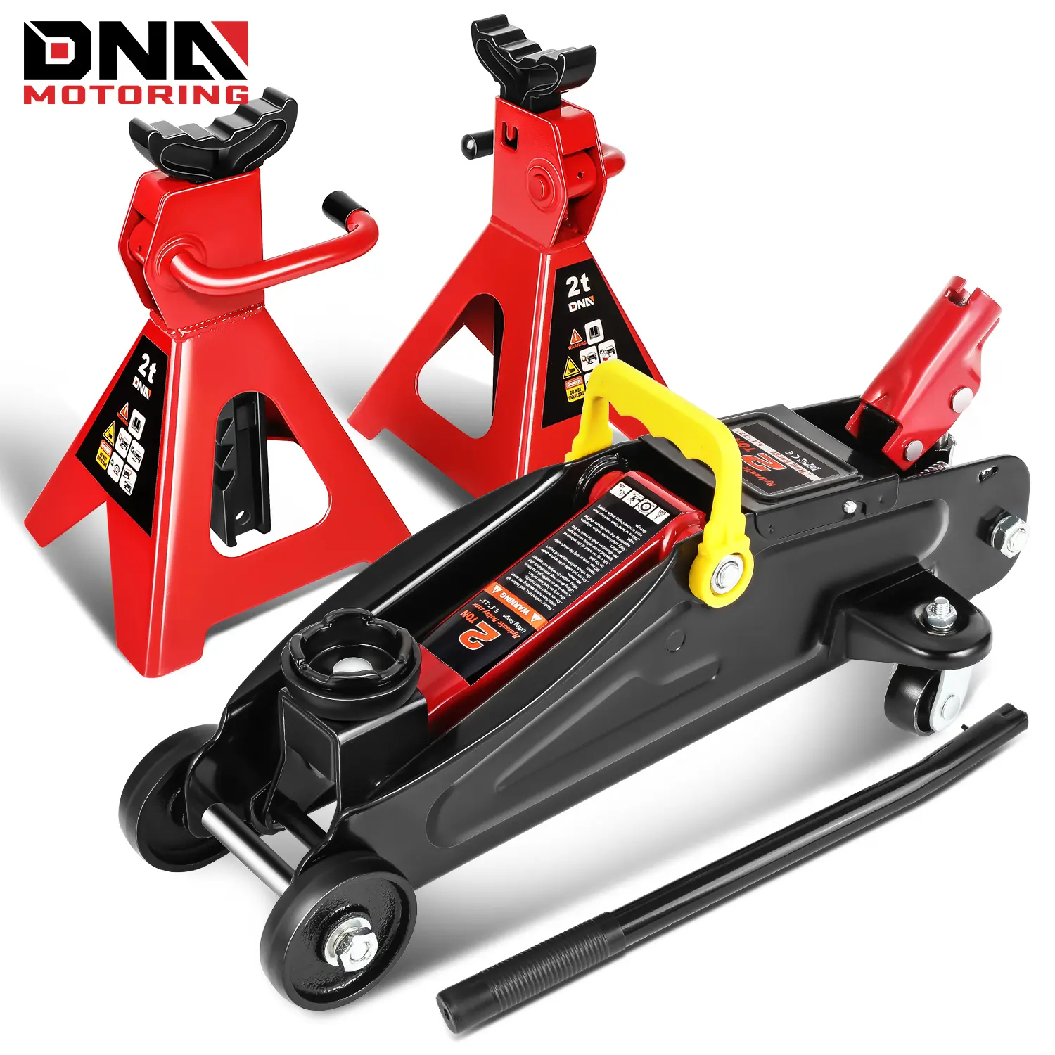 DNA MOTORING 2 Ton Low Profile Hydraulic Floor Jack Combo, Trolley Car Jack with 2 Ratchet Jack Stands & Tire Inflation Pump for Garage Auto Repair