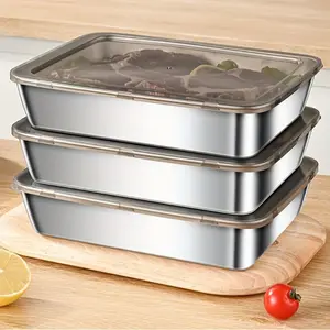 3 Pcs Stainless Steel Food Storage Containers with Lids, Square Trays, Refrigerator Organizer Boxes, Plates, Picnic Boxes, Dumpling Trays, for Freezing and Refrigerating