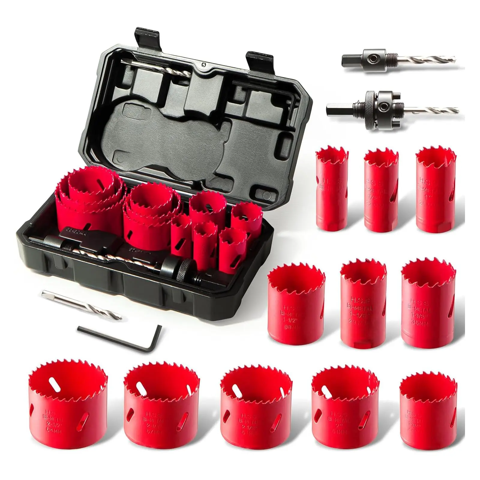 HYCHIKA Bi-Metal Hole Saw Kit - 17-Count High Speed Steel Drill Bits Set (3/4"-2-1/2") with Mandrels, Case, Durable and Reliable Tool for Thin Metal, Hard Wood Cutting, Cleaner and Smoother Cutting, Better Toughness, Easy to Carry