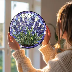 Lavender Flower Stained Glass Window Round Suncatcher, Lavender Flower Lover Gift, Gift For Garden Lover