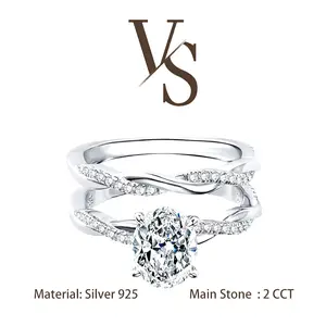 [Venus Jewelry] Synthetic Moissanite 2 CCT Oval Shape Twist Ring Set Design VVS 1 D Color Solid Silver 925 Solitare Ring