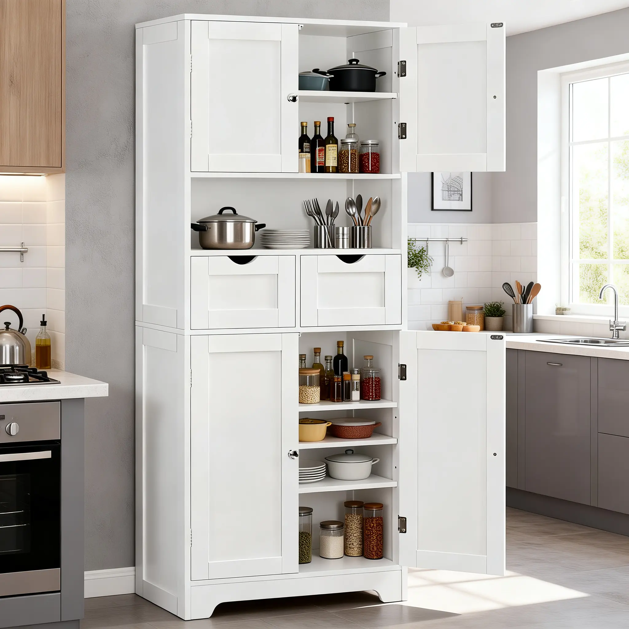 Fluted Sideboard Cabinet - Modern Home Furniture, 57.8 in Tall Sturdy Freestanding Indoor Cupboard, Clean Look Space-Saving Design, 2 Drawers, 4 Doors, 2 Adjustable Shelves, Adjustable Floor Base, Durable Natural Wood for Kitchen, Living Room Storage, Fre