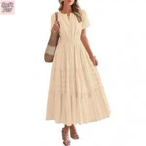Women's Summer Casual Maxi Dress Lightweight Short Sleeve V Neck Boho Dress with Pockets #         Outdoor fun graduation