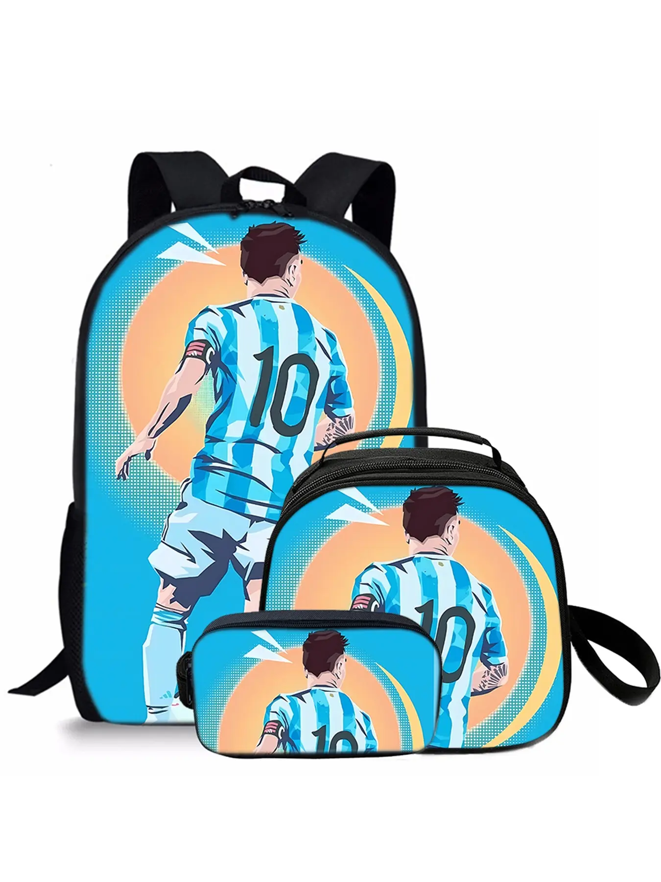 Football pattern printed 17-inch backpack three-piece set (single-layer backpack + round lunch bag with shoulder strap + single-layer pencil case)