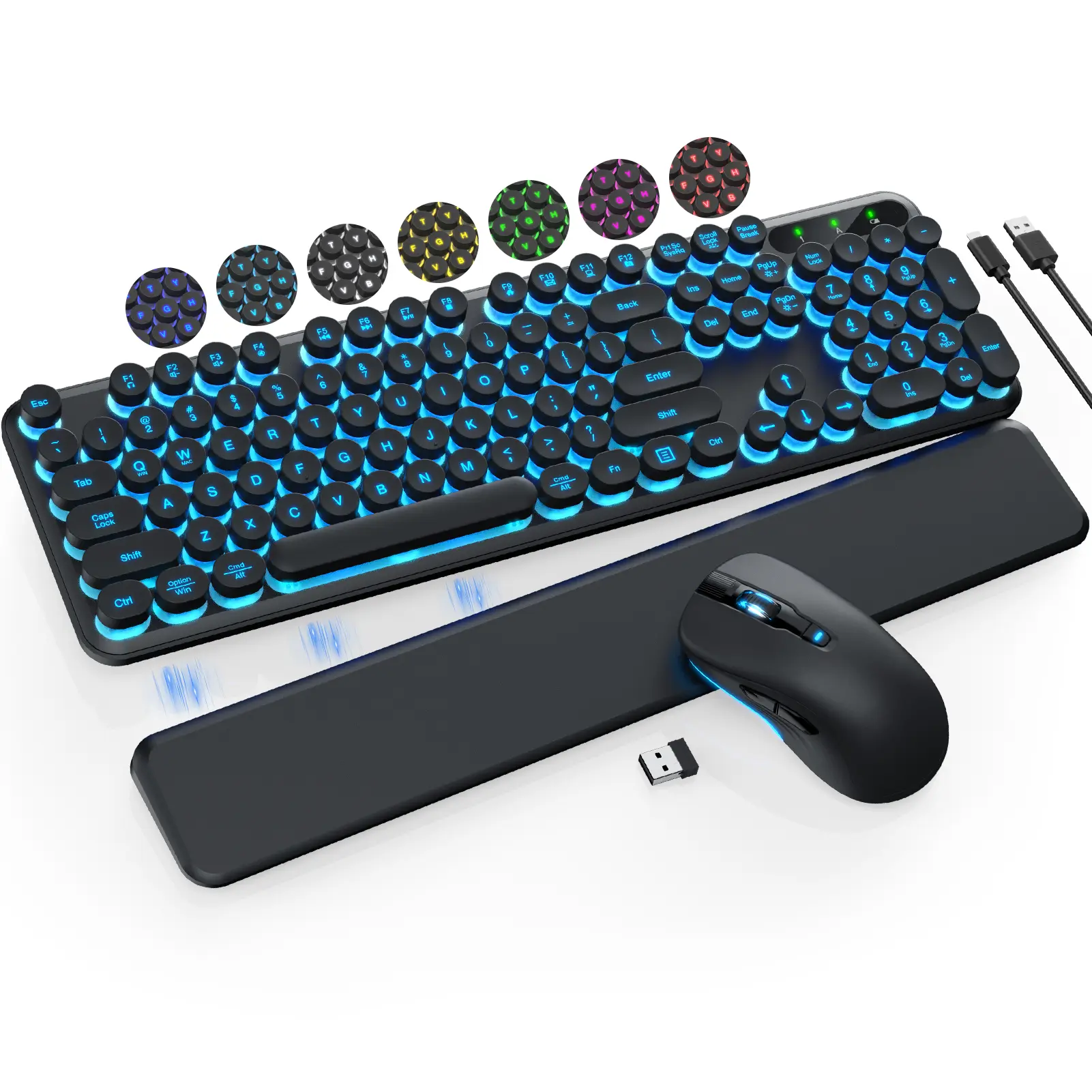 Retro Typewriter Vibe! Backlit Wireless Keyboard & Mouse Combo(non-bluetooth)，Glowing Keys + Round Keycaps + Detachable Wrist Rest，2.4G Rechargeable