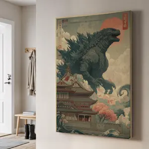 Godzilla Vintage Canvas Art, Japanese Monster Illustration with Pagoda and Clouds, Retro Style Wall Decor Gift [No frame]