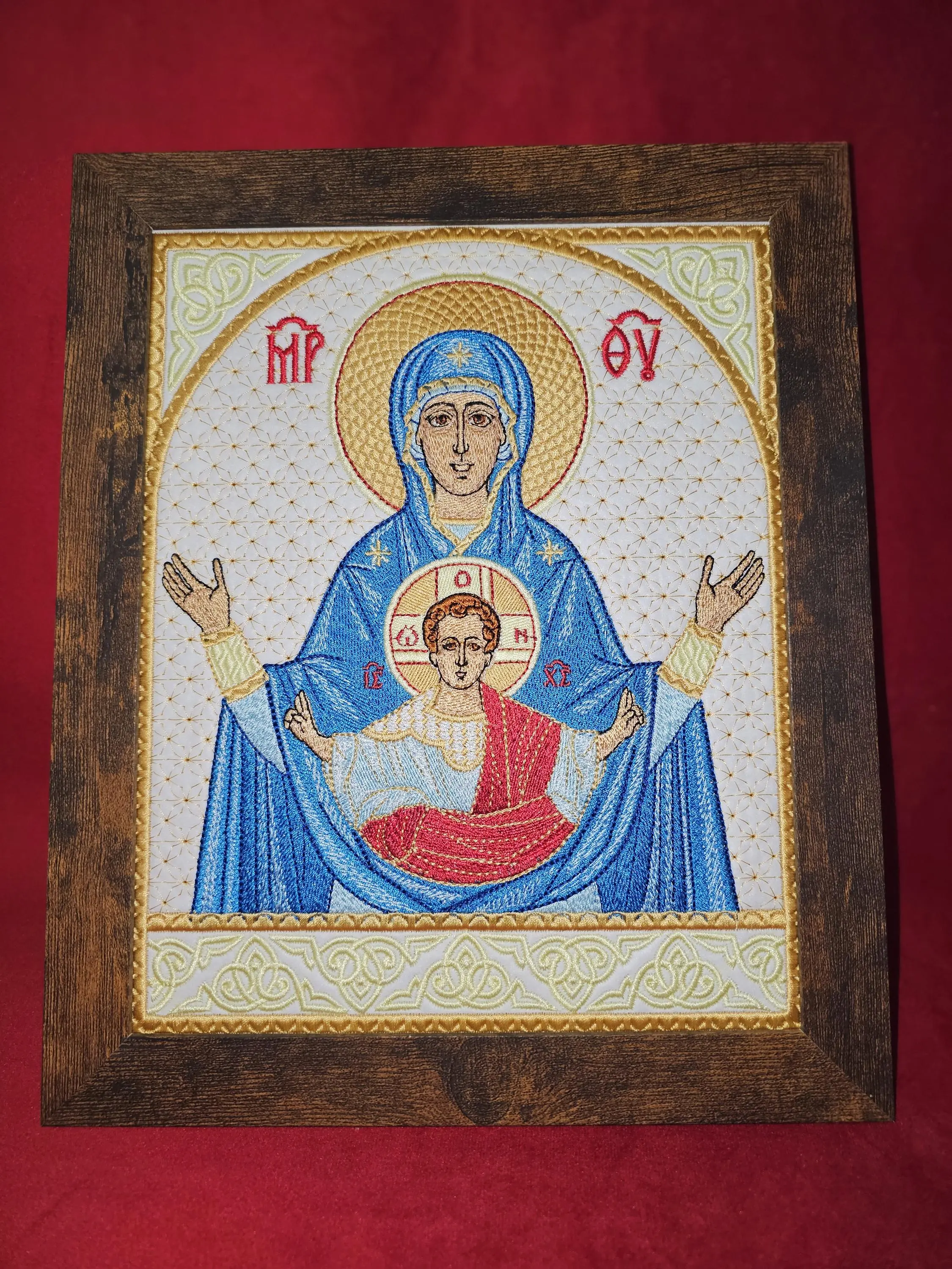 Embroidered Orthodox Theotokos Mother of the Sign Oranta Icon, 8x10 Religious Decor for Home Room Accent