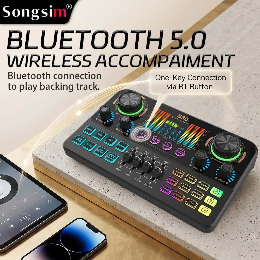 Songsim-S30 sound card, audio console featuring voice changer function, reverb control, volume knob, 48V phantom power, Bluetooth; suitable for live streaming, gaming, voiceover, recording, and content creation