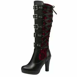 Women's Black Knee High Boots Pointed Toe Punk Boots Chunky Platform Goth Combat Boots with Buckle Lace Up Boots boots for fall