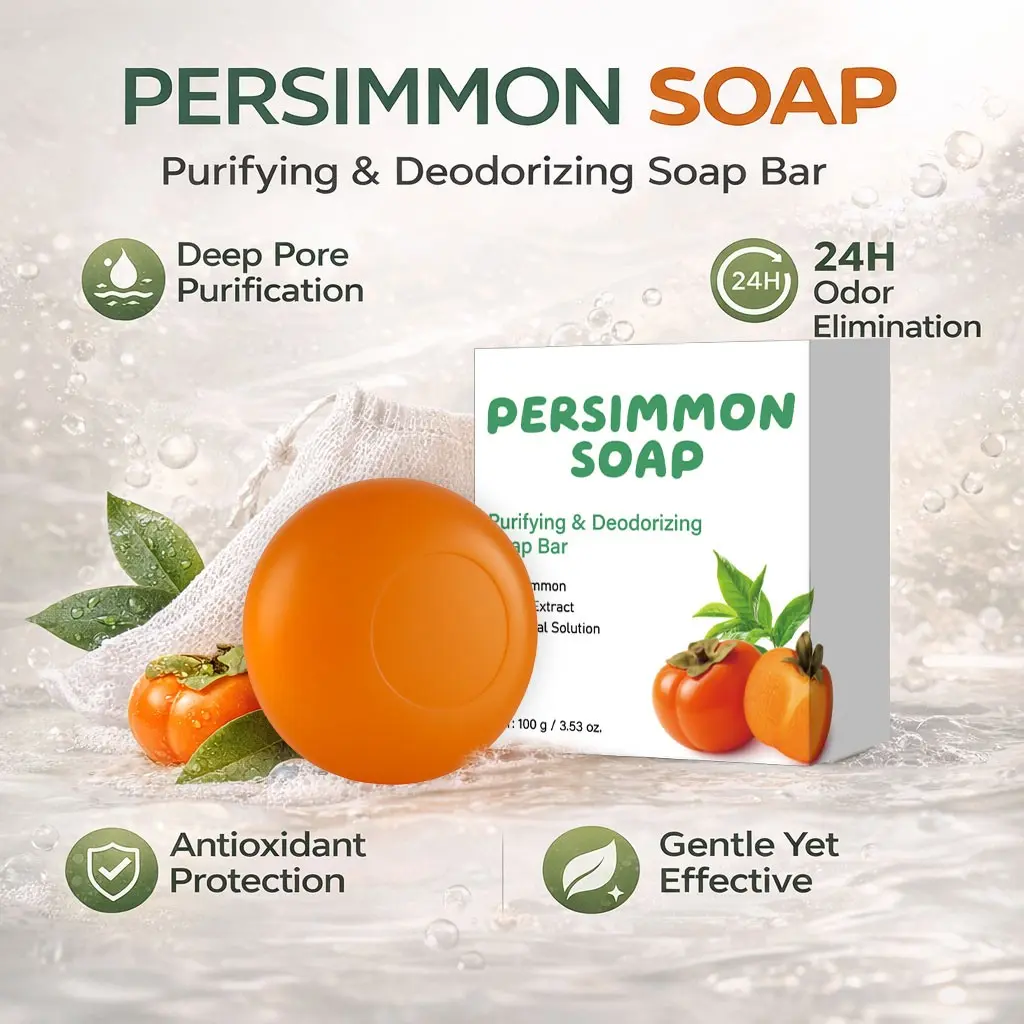 Purifying & Deodorizing Soap Bar, Natural Deodorant Soap, Persimmon Soap Bar for Old People Smell, Japanese Persimmon and Green Tea Extract, Gentle on All Skin Types, Natural Body Odor Soap, 100g