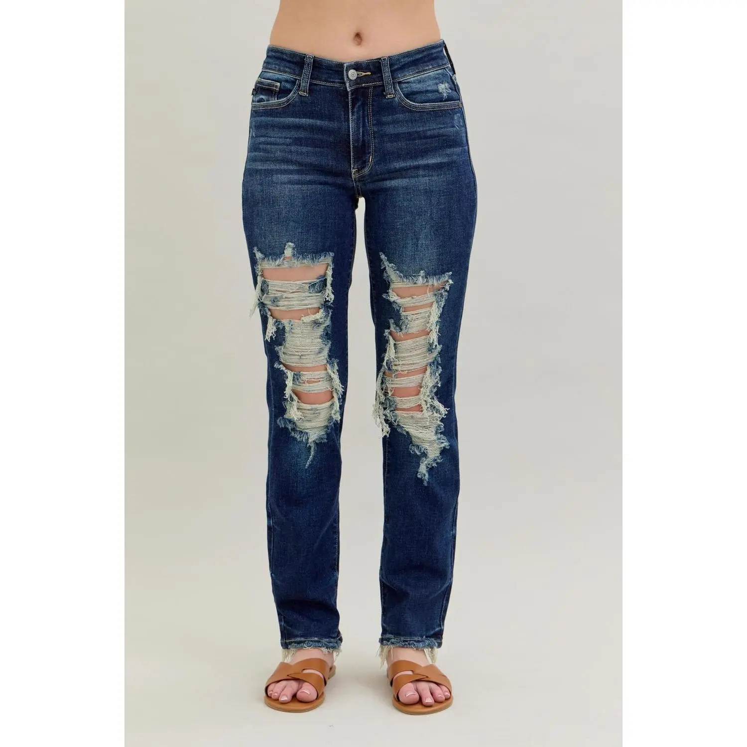 Judy Blue Women's Mid-Rise Heavy Destroy Straight Denim Jeans - Soft, Stretchy Cotton Blend, Comfortable Fit, Vibe Twist Design for Streetwear, Love, Polyester, Spandex, Hip, Bottom, Casual, Style, Leg, Pants, Multi-Size, 14W