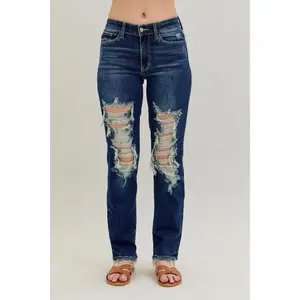 Judy Blue Mid Rise Heavy Destroy Straight Denim Jeans 82534 Pants Stretchy